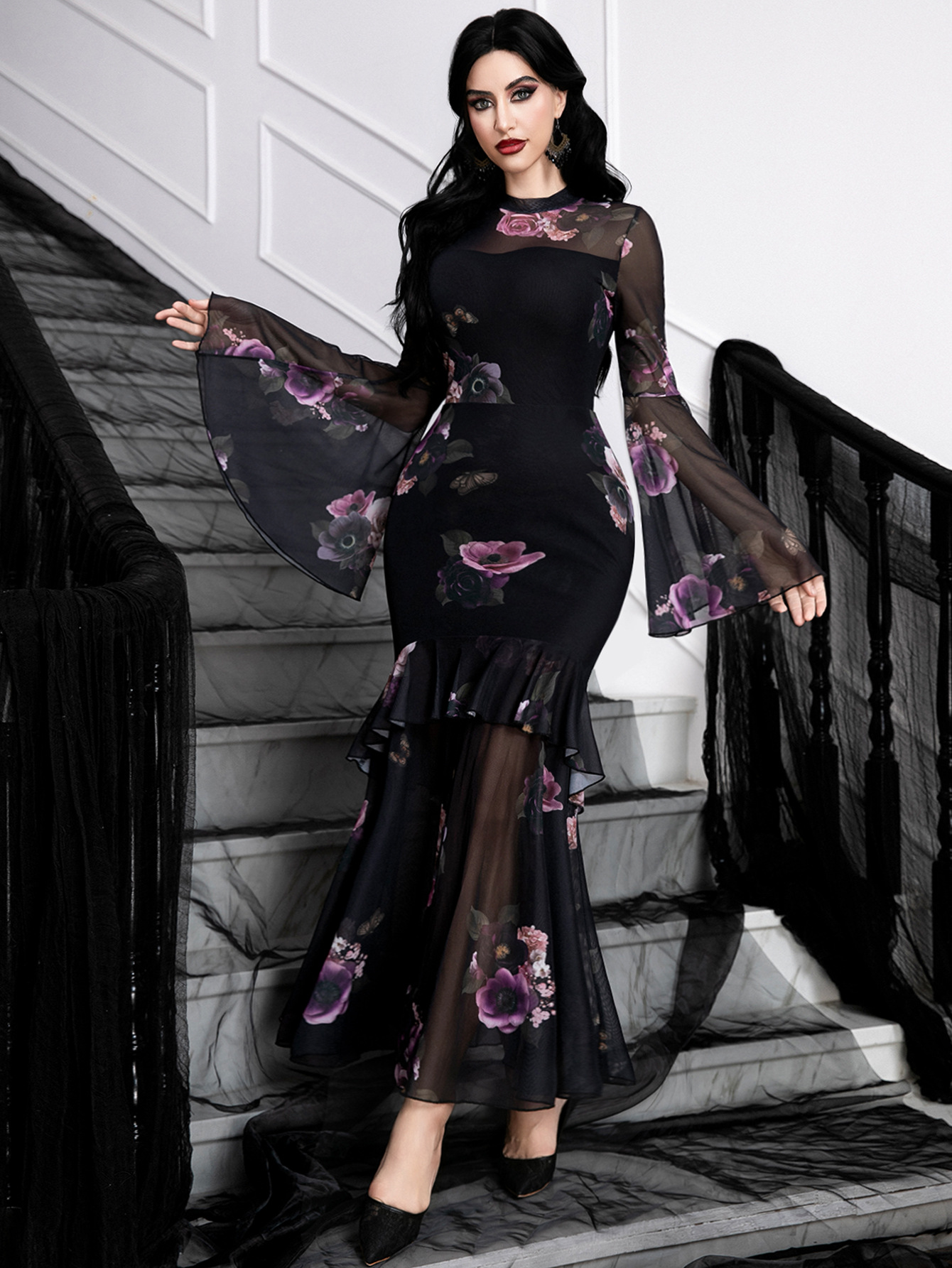 Gothic Floral Mesh Dress Elegant Sheer Long Bell Sleeves Cocktail Dress